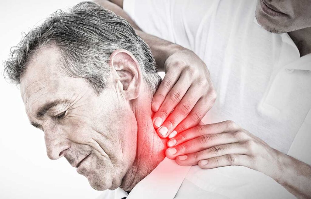 A chiropractor gently adjusting a patient's neck in a calm, clinical setting.