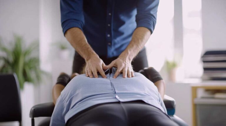 A person sitting on a couch with a hand on their lower back, appearing concerned and thoughtful.